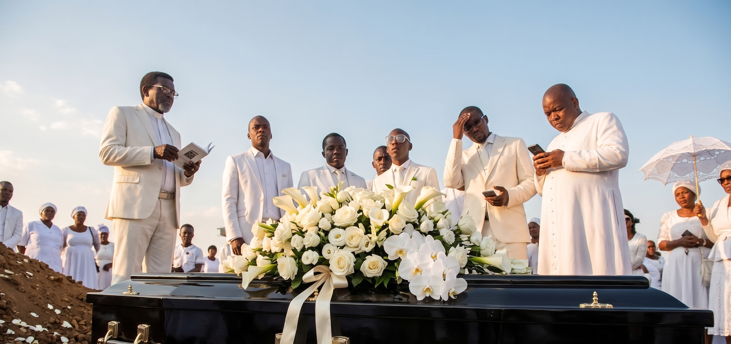 A dignified send-off ceremony — mourners in white gather around a flower-draped coffin